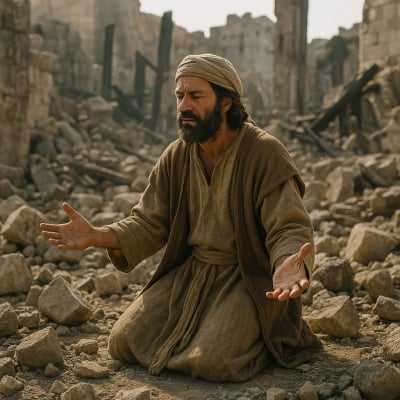 Ezra kneeling, praying with hands outstretched, in a desolate Jerusalem.