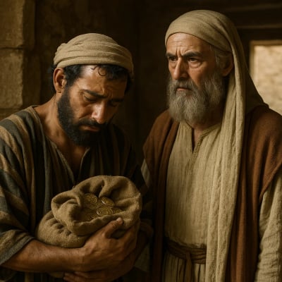 Gehazi confronted by Elisha after taking gifts from Naaman.