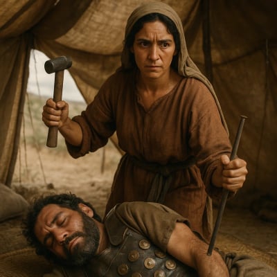 Jael, with a hammer and tent peg, approaches the sleeping Sisera.