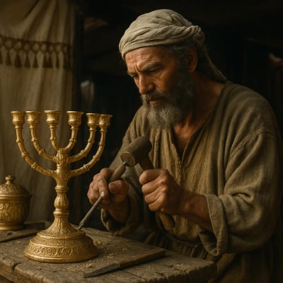 Bezalel, inspired by God, working on the Tabernacle with various materials.