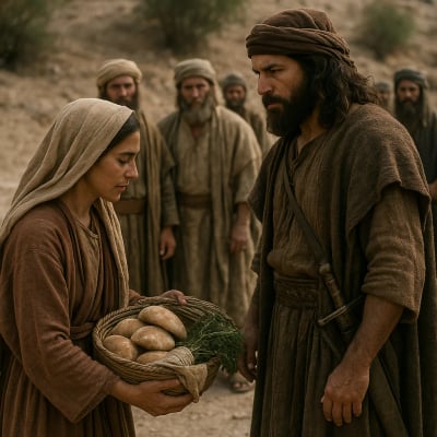 Abigail on a donkey meeting David, offering gifts to prevent conflict.