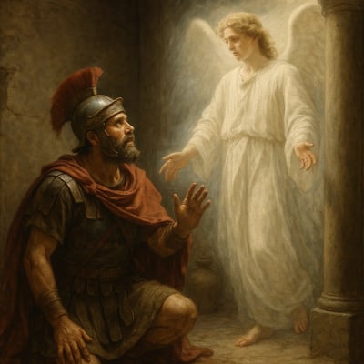Cornelius kneels in awe as an angel appears before him.