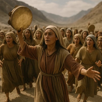 Miriam, holding a timbrel, leads a group of women in a joyful dance after the Red Sea crossing.