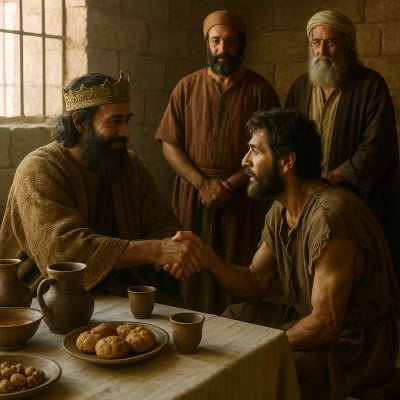 King David and Mephibosheth at the royal table, a scene of kindness.