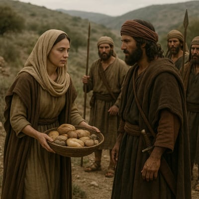 Abigail kneels before David, offering gifts to prevent conflict.