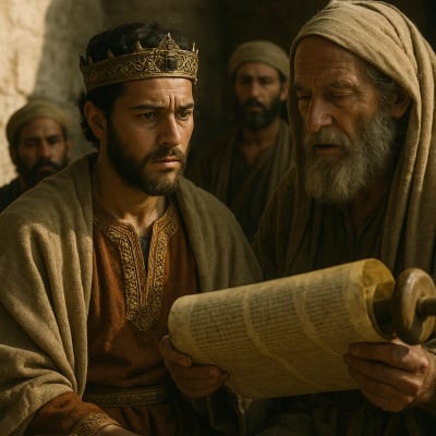 King Josiah sitting on his throne, listening to a scribe read the scroll of the Book of the Law.