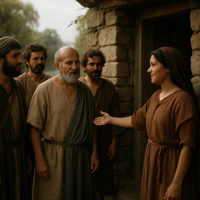Lydia by the river, extending hospitality to Paul and his companions.
