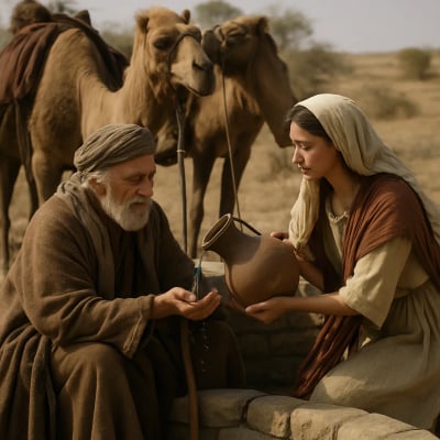 Rebekah at the well, pouring water for Eliezer and his camels.