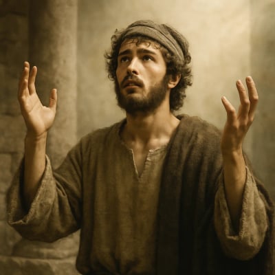 Young Jeremiah listens to God, hands raised, divine presence.