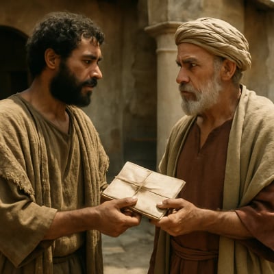 Onesimus stands before Philemon with a letter, embodying reconciliation.