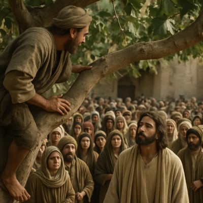 Zacchaeus in a sycamore tree, Jesus looking up at him.