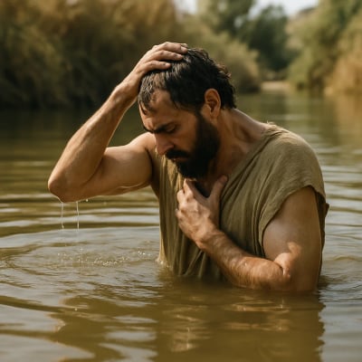 Naaman in the Jordan River, following Elisha's instructions.
