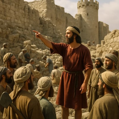 Nehemiah speaking to the people, gesturing towards the ruined walls of Jerusalem.