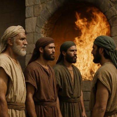 Three men stand defiantly before a blazing furnace, refusing to bow to an idol.