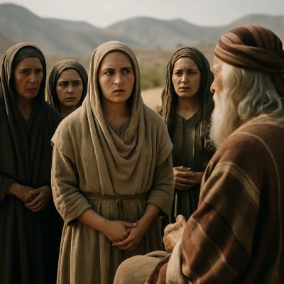 Mahlah and her sisters petition Moses at the tabernacle for their inheritance rights.