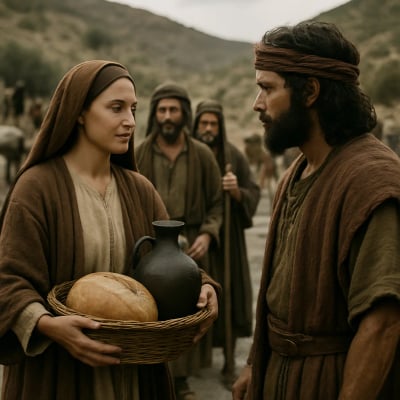 Abigail meeting David, offering gifts to prevent bloodshed.