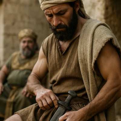 Ehud hiding a dagger under his clothing during his plan to deliver Israel.