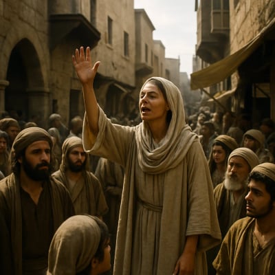 Illustration of a personified Wisdom in a bustling ancient city, calling out to passersby.