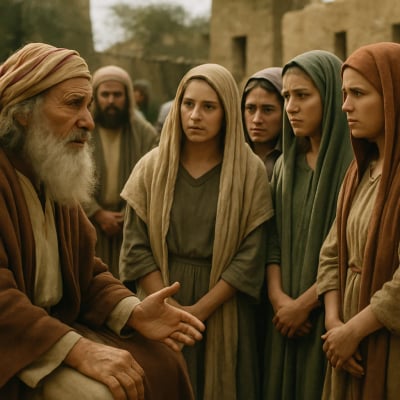 Five women standing before Moses, presenting their case for inheritance rights.