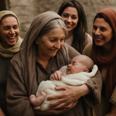 Naomi holding Obed, surrounded by women, symbolizing restoration.