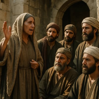 Huldah the Prophetess speaking to the high priest and officials in Jerusalem.