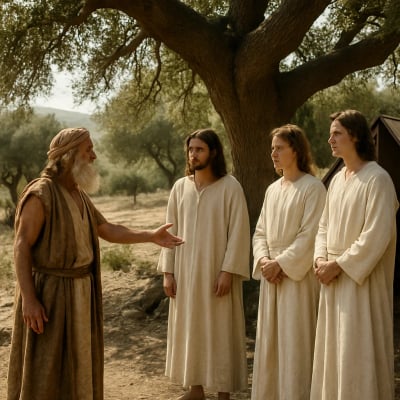 Abraham greeting three men under a tree, offering hospitality.