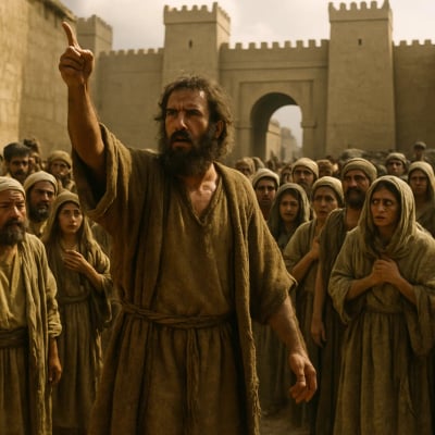 Jonah walking into Nineveh, addressing its people with a message from God.