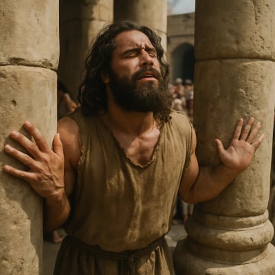Samson, between two pillars, prays for strength, bringing the house down.