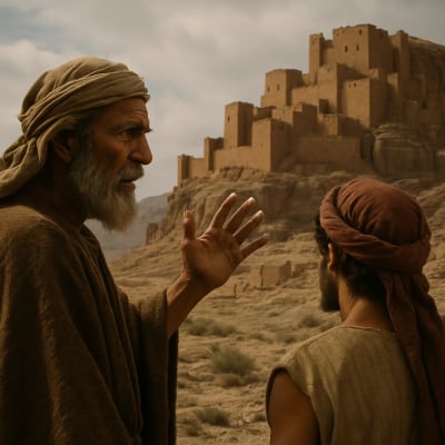 Illustration of Edom's high rock dwellings from Obadiah 1:1-4, symbolizing pride.