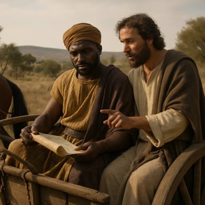 Philip and the Ethiopian eunuch sitting in a chariot, discussing Isaiah.