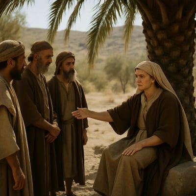 Deborah under the palm tree, delivering judgment to the people of Israel.