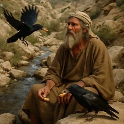 Elijah sitting by a brook, with ravens bringing him food.