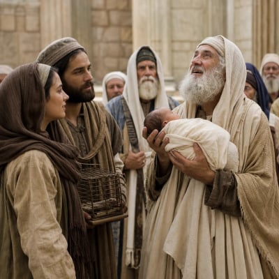 The aged Simeon receives the child Jesus in the temple and blesses God while Mary and Joseph watch beside him.