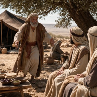 Abraham bowing before three visitors near his tent at Mamre, with bread, milk, and a calf being prepared under a tree in the summer heat.