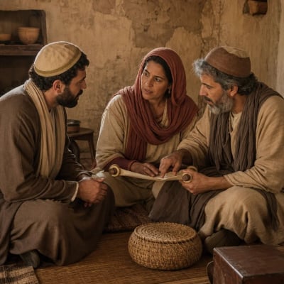 Priscilla and Aquila seated with Apollos in Ephesus, gently teaching him from the Scriptures after his synagogue preaching.