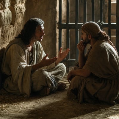 Joseph standing in an Egyptian prison cell before the cupbearer and baker, explaining the cupbearer’s dream about the vine and Pharaoh’s cup.
