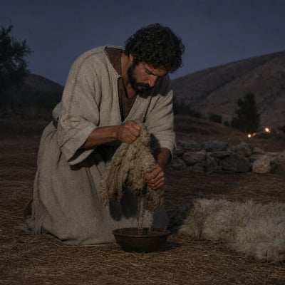 Gideon at daybreak squeezing water from a fleece after asking God for a sign, with dry earth around him.