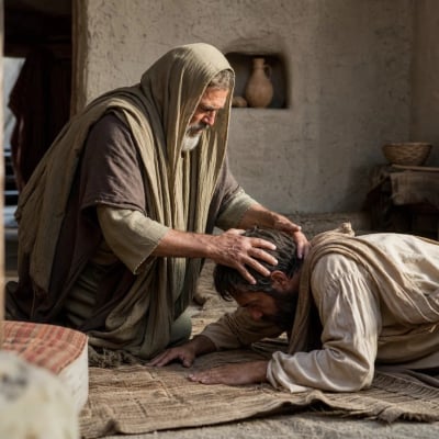 The prophet Isaiah in the temple as a seraph touches his mouth with a burning coal from the altar and he answers God’s call.