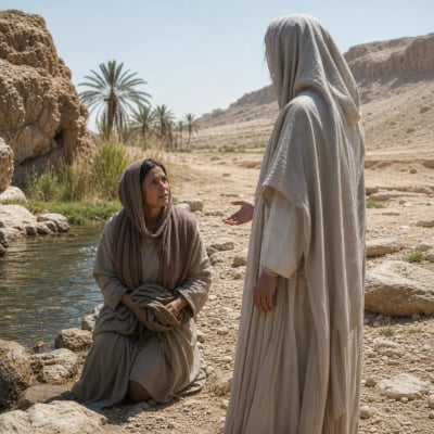 Hagar in the wilderness near a fountain of water, listening as the angel of the Lord addresses her by name.
