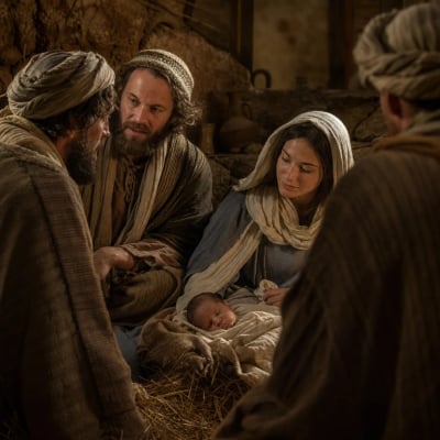 Mary beside the infant Jesus in the stable, listening thoughtfully to the shepherds and holding their words in her heart.