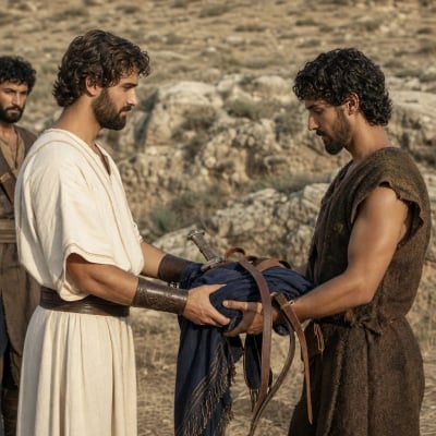 Jonathan giving his royal robe and weapons to David after David speaks with Saul, showing sacrificial friendship.