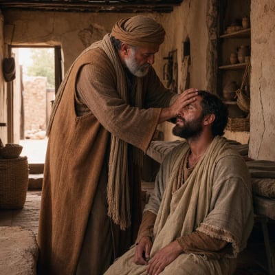 Ananias in Damascus placing his hands on Saul after overcoming fear and obeying Jesus’ command