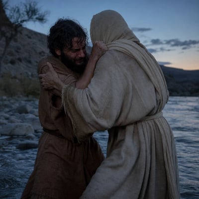 Jacob wrestling with the divine figure at daybreak beside the river, injured yet refusing to let go until he is blessed.