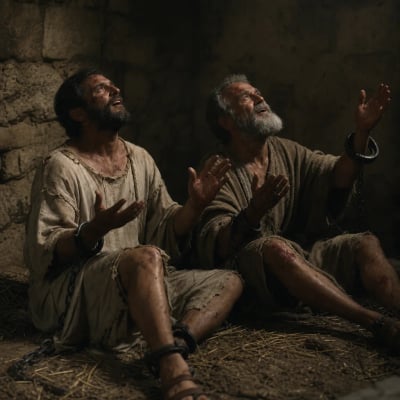 Jesus standing on the road near Jericho as blind Bartimaeus throws off his garment and comes forward after crying out for mercy.
