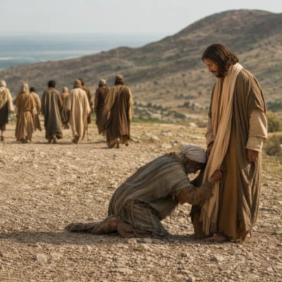 Stephen being stoned in Acts 7:59-60, kneeling and praying that God would not hold the sin against his attackers.