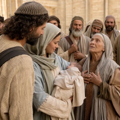 The prophetess Anna in the temple recognizing the infant Jesus and giving thanks to God while speaking to those awaiting redemption.