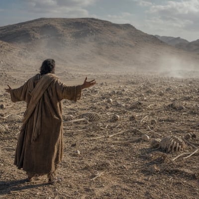The prophet Ezekiel in a barren valley filled with many very dry bones, listening as God promises to bring sinews, flesh, skin, and breath.