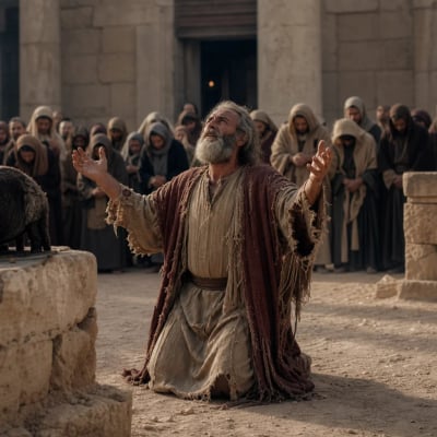 Ezra kneels in torn garments at the evening sacrifice, hands lifted in sorrowful prayer for the sins of Israel.