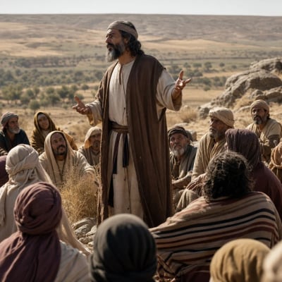 Micah addressing the people of Judah in harvest season, declaring that God requires them to do justly, love mercy, and walk humbly with Him.