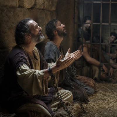 Paul and Silas singing praises to God at midnight in a dark prison cell, chained in stocks, while other prisoners listen and an earthquake opens the doors.